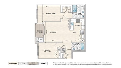 Floor plan for 2 beds, 2 baths, 1068 sqft